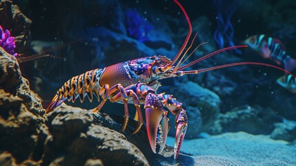 vibrant tropical rock lobster submerged in water