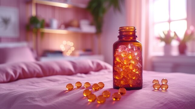  a bottle of pills sitting on top of a bed next to a pile of pills on top of a pink bedspread next to a pink bedspread.