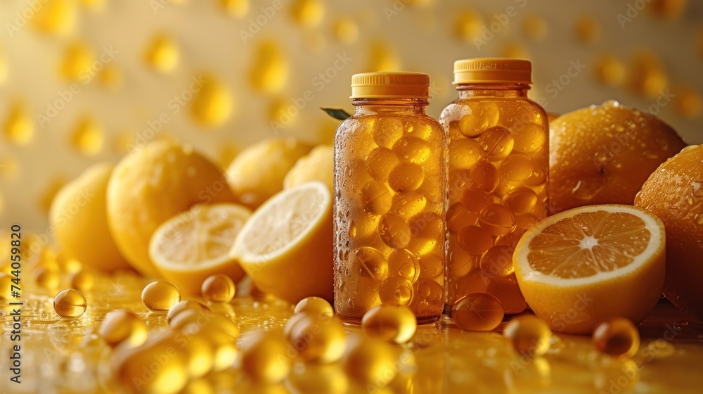 Poster a group of oranges and lemons sitting next to each other on a table with a bottle of lemonade in fro