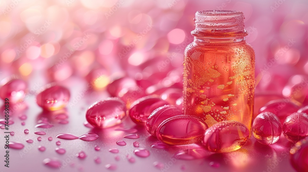 Poster a close up of a bottle on a table with drops of water on it and a blurry background of the bottle an