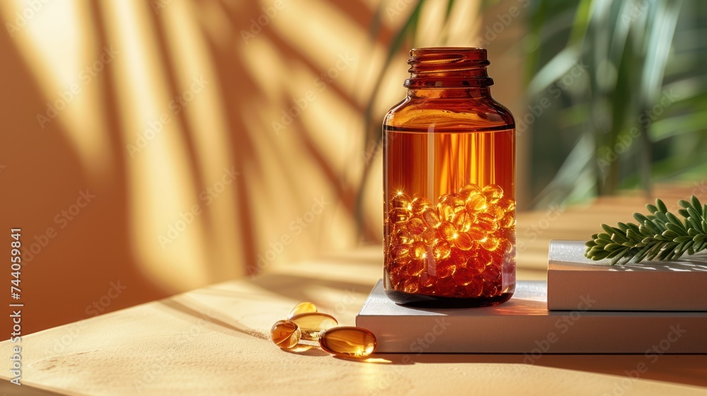 Poster a close up of a bottle of pills on a table next to a plant and a pair of sunglasses on a table with 
