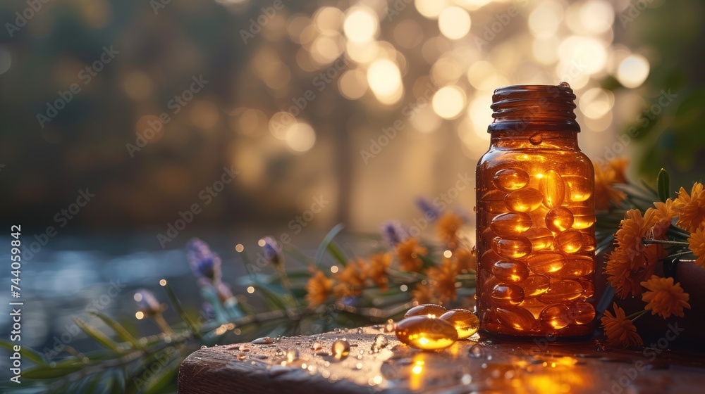 Poster a close up of a jar on a table with flowers in the foreground and a river in the background with lig