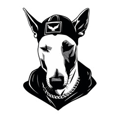 cartoon rapper dog bull terrier stylish wearing  hoodie  vector illustration isolated transparent background logo, cut out or cutout t-shirt print design - obrazy, fototapety, plakaty