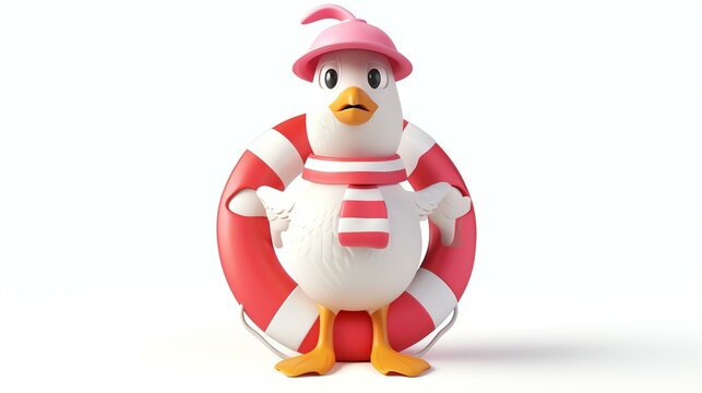 A cute and funny 3D rendering of a baby seagull wearing a pink hat and scarf, and a lifebuoy around its body.