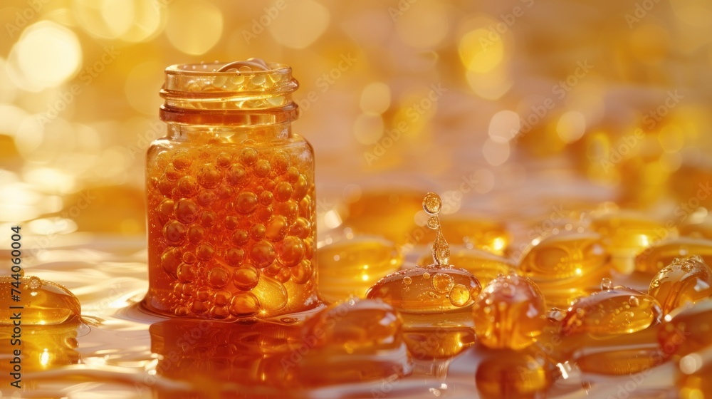 Poster a close up of a jar of honey on a table next to a bunch of honeycombs and drops of water on the tabl