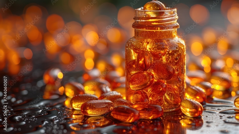 Poster a close up of a bottle of pills on a table with drops of water on the floor and on the table is a pi