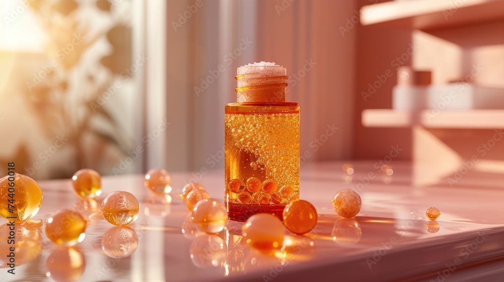 Poster a close up of a bottle of liquid on a table with many small balls of liquid on the table and a windo