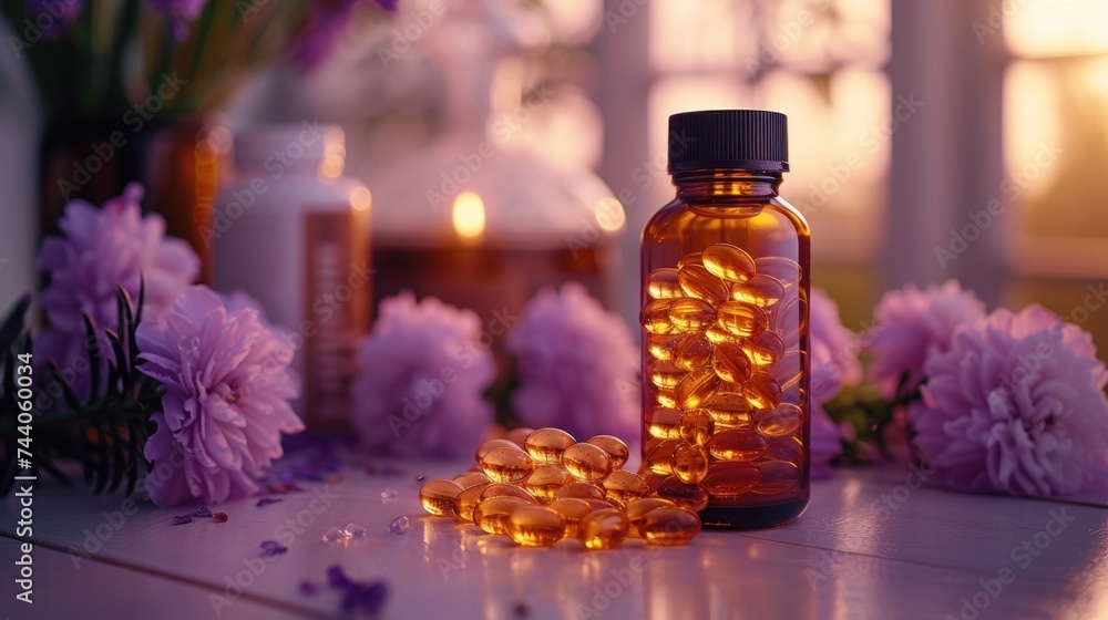 Poster a close up of a bottle of pills on a table with flowers and candles in the background and a vase of 