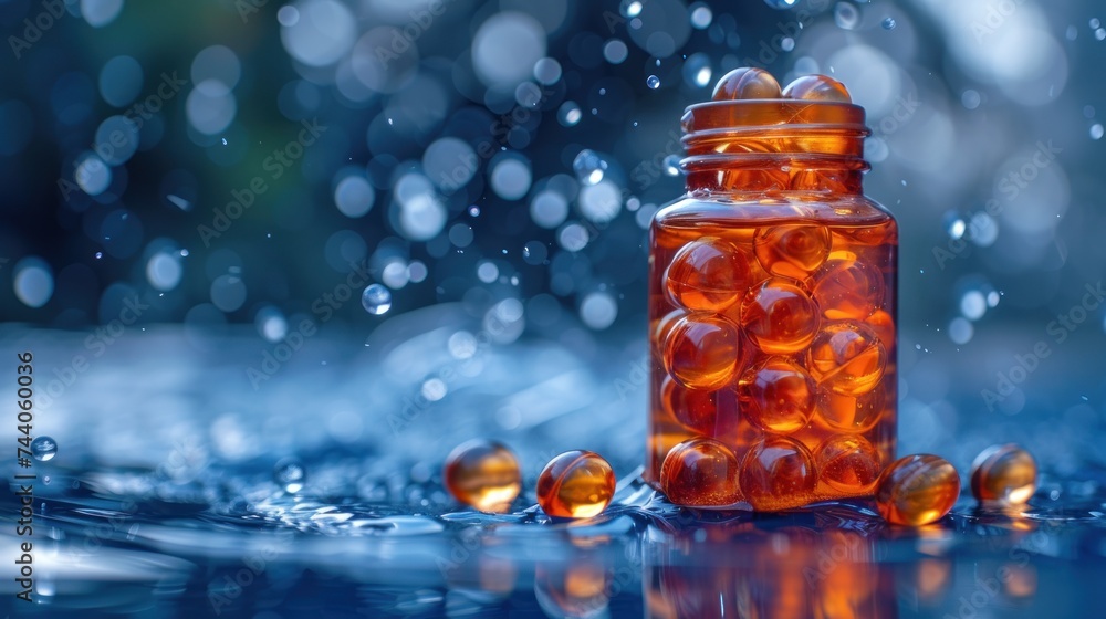 Poster a close up of a bottle of pills with drops of water on the bottom of the bottle and on the bottom of