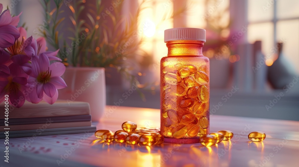 Aufkleber a close up of a bottle of pills on a table next to a vase of flowers and a book on a table with a va