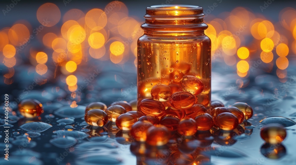 Poster a close up of a bottle of pills on a table with a lot of drops of water on the table and a lot of li