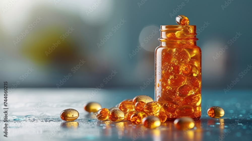 Poster a close up of a bottle of pills on a table with drops of water on the table and a blurry background 
