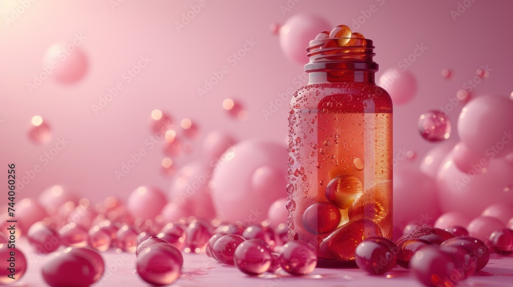 Poster a close up of a bottle of pills with drops of water on the bottom of the bottle and on the bottom of