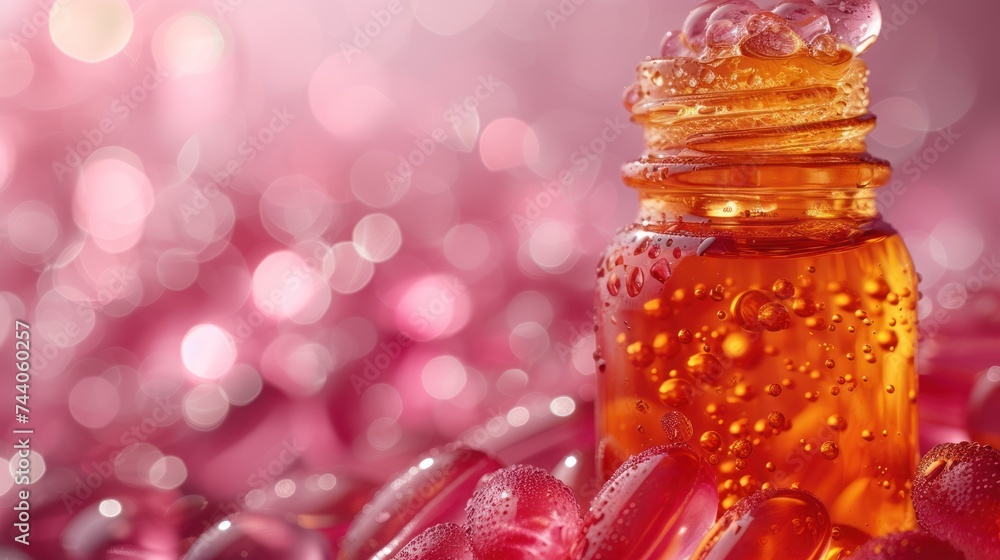 Poster a close up of a bottle of liquid with drops of water on the top of the bottle and on the bottom of t
