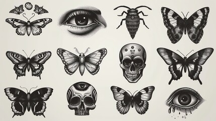 A collection of hand-drawn illustrations of butterflies, skulls, and other insects.