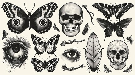 A collection of hand-drawn illustrations of skulls, butterflies, and other natural elements.