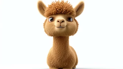  3D rendering of a cute and fluffy llama with brown fur and big eyes. It has a happy expression on its face and is looking at the viewer. © Nijat