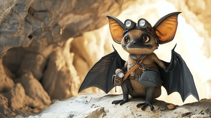 A cute cartoon bat wearing a mining helmet and goggles is sitting on a rock in a cave. - obrazy, fototapety, plakaty