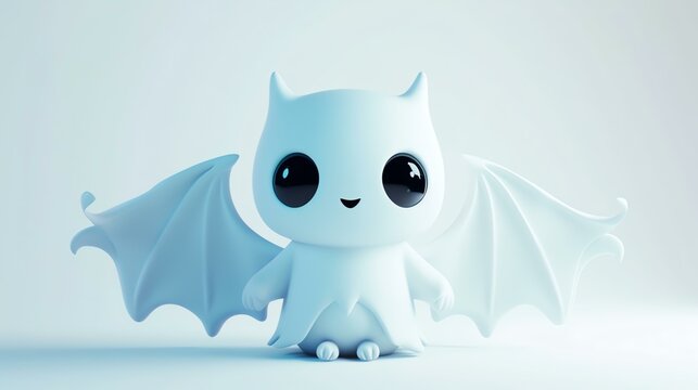 3D rendering of a cute and friendly white cartoon bat with big eyes. The bat is sitting on a white background and has its wings spread out.
