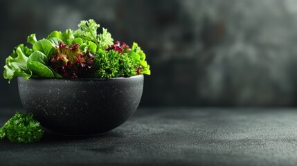  a close up of a bowl of lettuce on a table with a gray wall in the background and a black bowl of lettuce in the foreground.