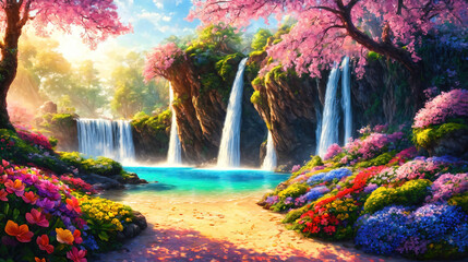 Fantasy waterfall with trees and beautiful flowers, idyllic landscape