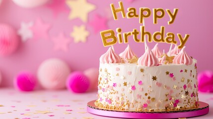 Happy birthday is written on a celebration birthday cake with pink and gold birthday candles on a pink background.