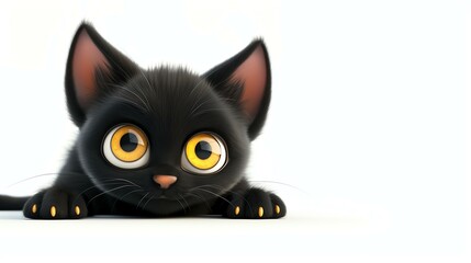 A cute black cat with big round yellow eyes is looking at the camera. The cat is lying down with its paws in front of him.
