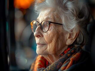 Pensive serious thoughtful very old senior lady looking away