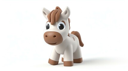 3D rendering of a cute cartoon horse. The horse is standing on a white background and looking at the camera.