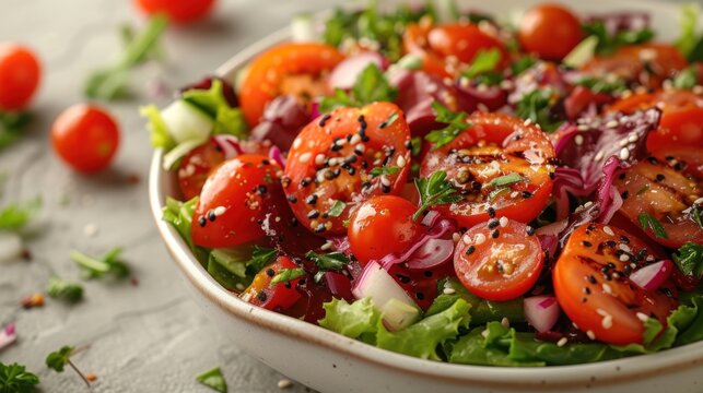  a salad with tomatoes, onions, lettuce, onions, and sesame seeds in a white bowl on a gray surface with a sprinkled tablecloth.