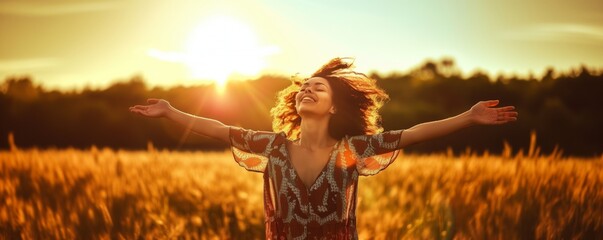 Backlit Portrait of calm happy smiling free black woman with open arms and closed eyes enjoys a beautiful moment life on the fields at sunset	