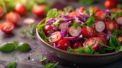  a close up of a salad in a bowl on a table with tomatoes, lettuce, radishes, and other veggies in the background.