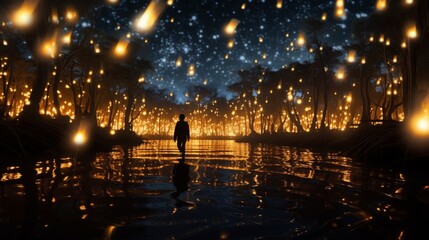 Person looks at glowing night in swamp forest.
