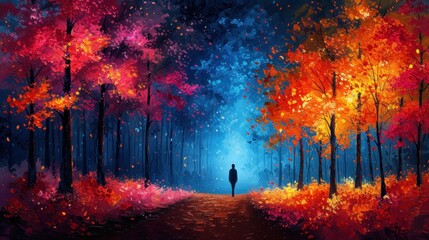  a painting of a person standing in the middle of a road surrounded by trees with red, orange, and yellow leaves on the trees in the background is a blue sky.