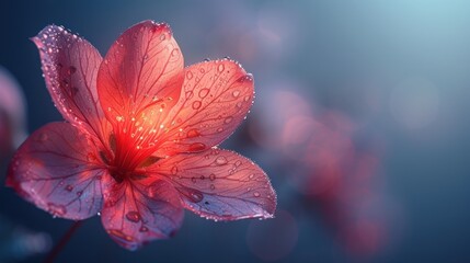  a close up of a red flower with drops of water on it's petals and a blue background with a blurry light in the middle of the background.