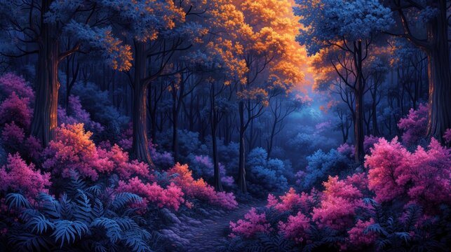  a painting of a forest filled with lots of purple and pink trees and bushes, with a bright light coming from the top of the trees in the middle of the forest.