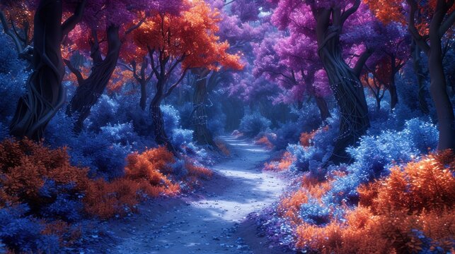  a painting of a path in a forest with purple and red trees and bushes on either side of the path is a dirt path that leads to the center of the picture.