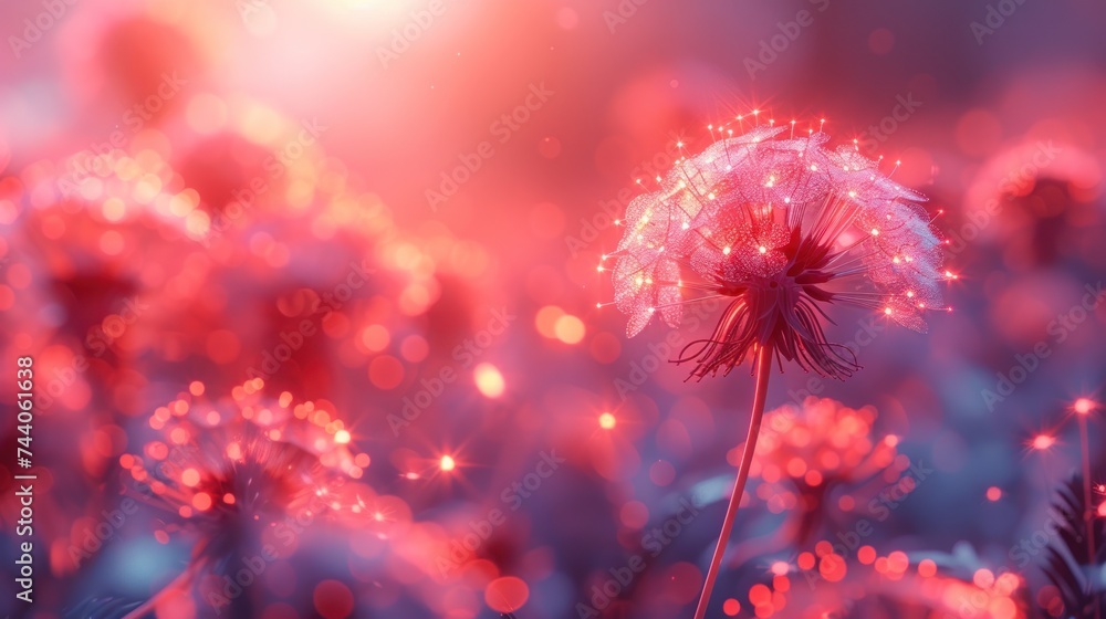 Poster a close up of a dandelion in a field of flowers with the sun shining down on the dandelions and the 