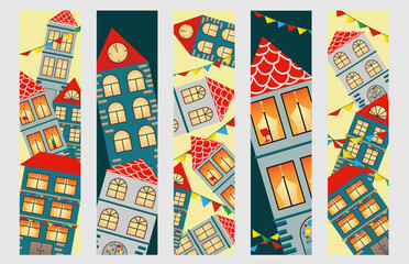 Set bookmarks with hand drawn european city.  Cuzy town houses with red roof.