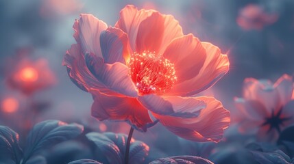  a close up of a flower in a field of flowers with a blue sky in the back ground and a light pink flower in the middle of the middle of the flower.