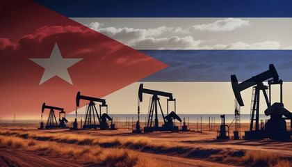 Oil production in the Cuba. Oil platform on the background of the Cuba flag. Cuba flag and oil rig. Cuba fuel market.