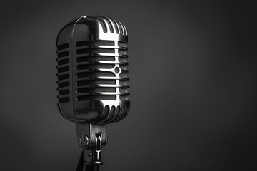 Fototapeta premium A black and white photo showcasing a vintage microphone with intricate details. The microphone is set against a simple background, highlighting its classic design.