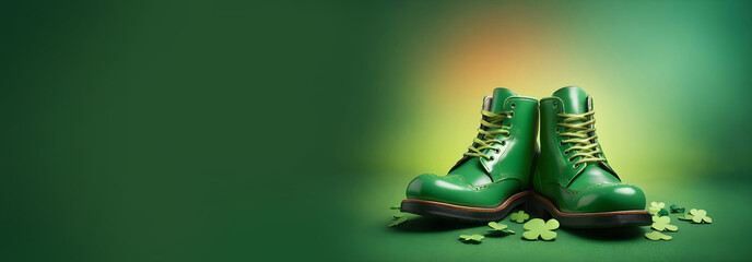 Banner with  green leprechaun shoes for St. Patrick's Day celebration during Irish holidays in Ireland with copy space. 