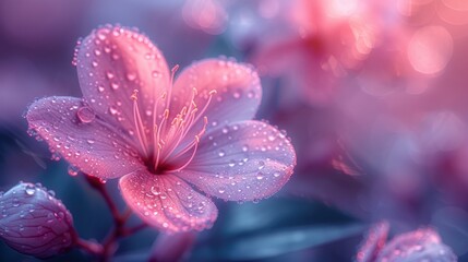  a close - up of a pink flower with water droplets on it's petals and a blurry background of blue, pink, purple, and white flowers.