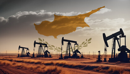 Oil production in the Cyprus. Oil platform on the background of the Cyprus flag. Cyprus flag and oil rig. Cyprus fuel market. - obrazy, fototapety, plakaty