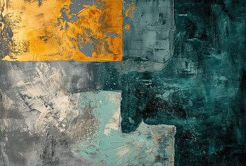 Splashes of bright paint on the canvas.Gold, black, blue and gray colors. Interior painting. Beautiful background. Generative AI.