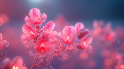  a bunch of pink flowers on a blue and pink background with the sun shining in the background and a blue and pink boke of the flowers in the foreground.