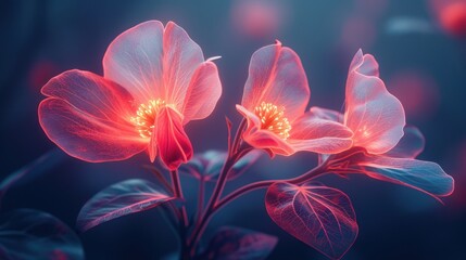  a close up of two pink flowers with green leaves in the foreground and a blurry background of blue and pink lights in the middle of the image,.