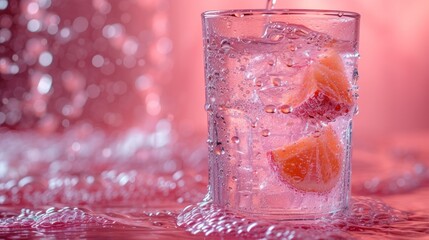  a close up of a glass of water with a slice of orange on the rim of the glass and water droplets on the bottom of the glass and a pink background.