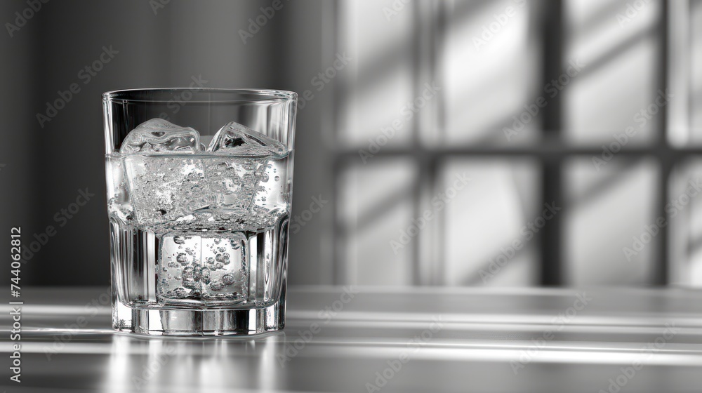 Poster a glass of water with ice cubes on a table in front of a window with sunlight coming through the win
